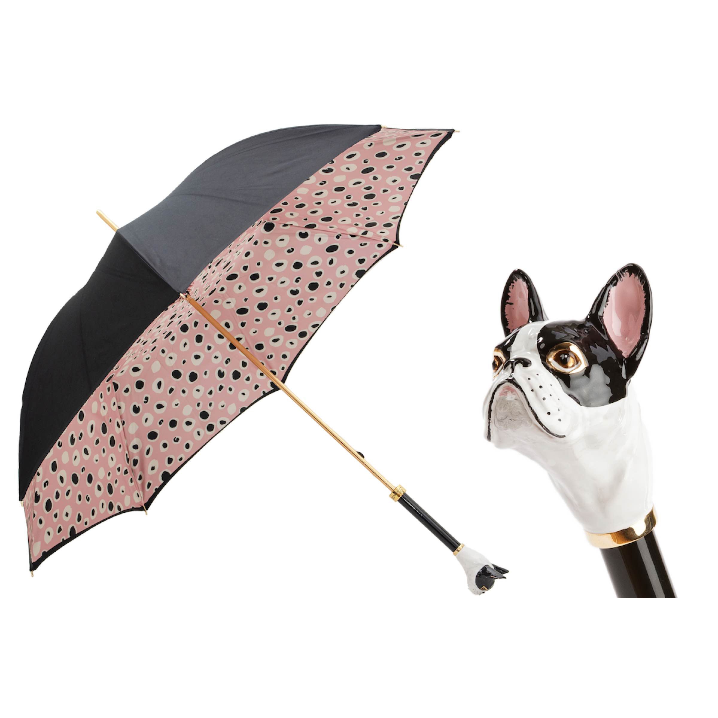 PASOTTI Umbrella 93cm French Bulldog Enameled Handle Animal Print Italy