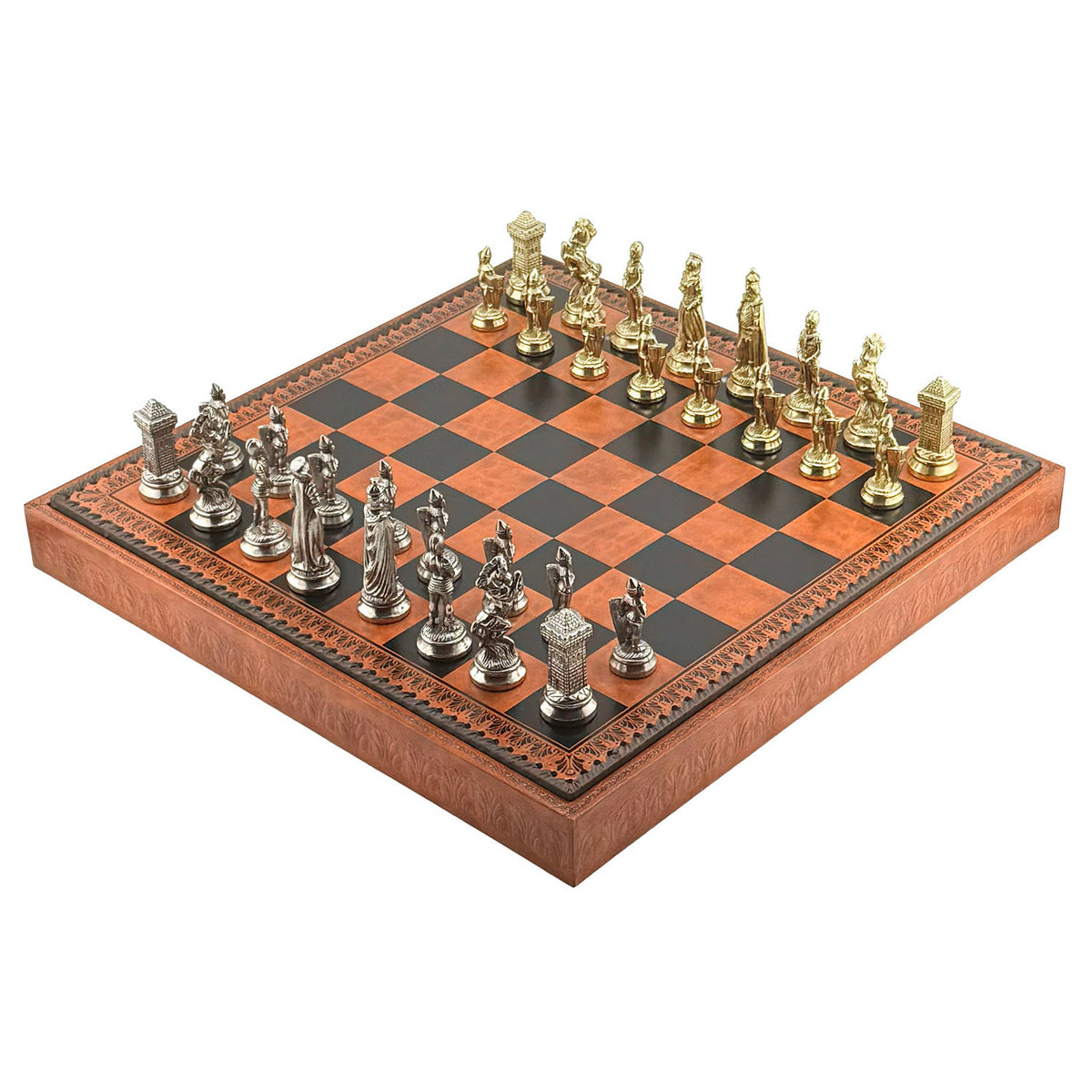 3-in-1 Chess Set 48 cm – “Maria Stuarda”, Leatherette Board, Metal Pieces