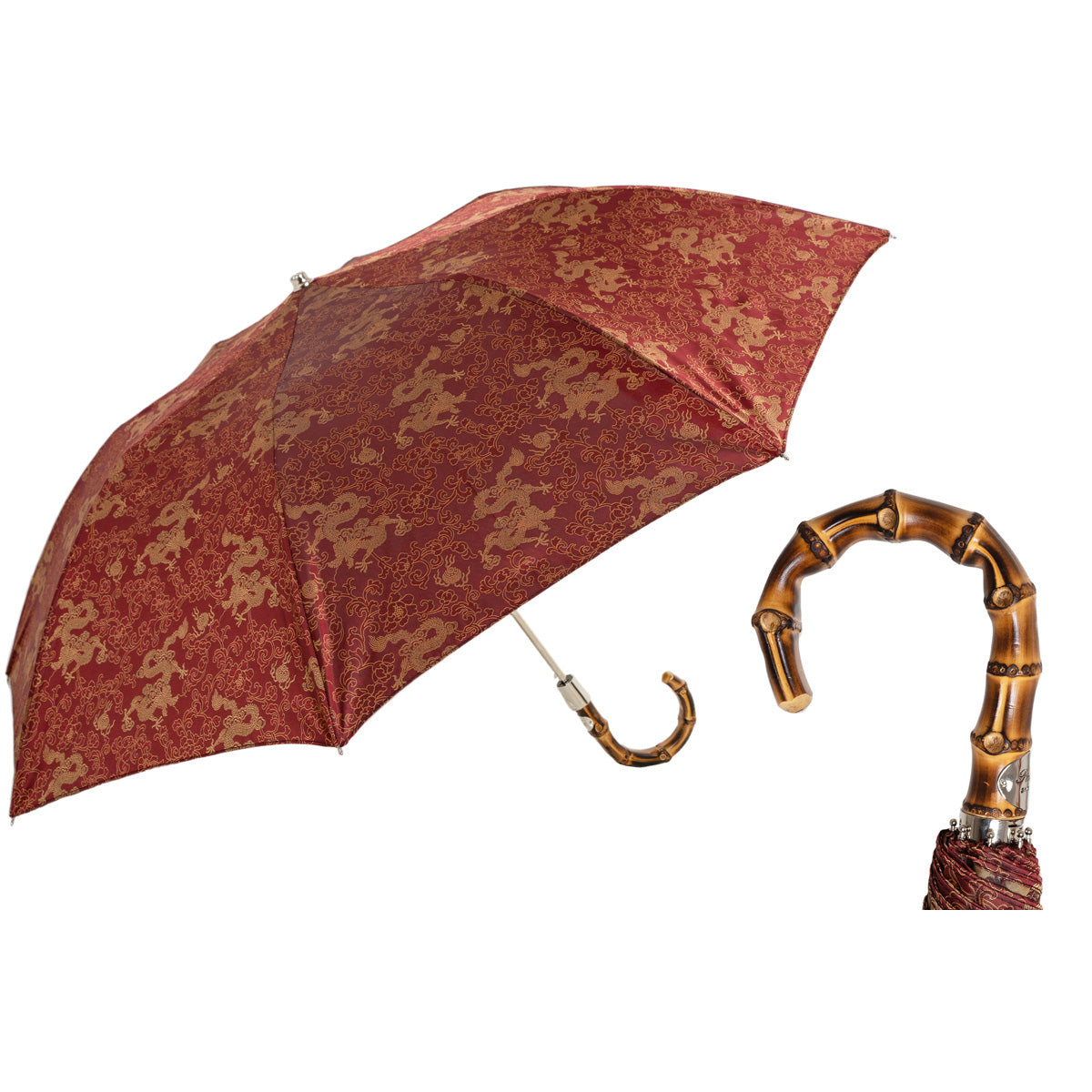 PASOTTI Folding Umbrella 50cm Dragon Print Bamboo Handle Auto Italy