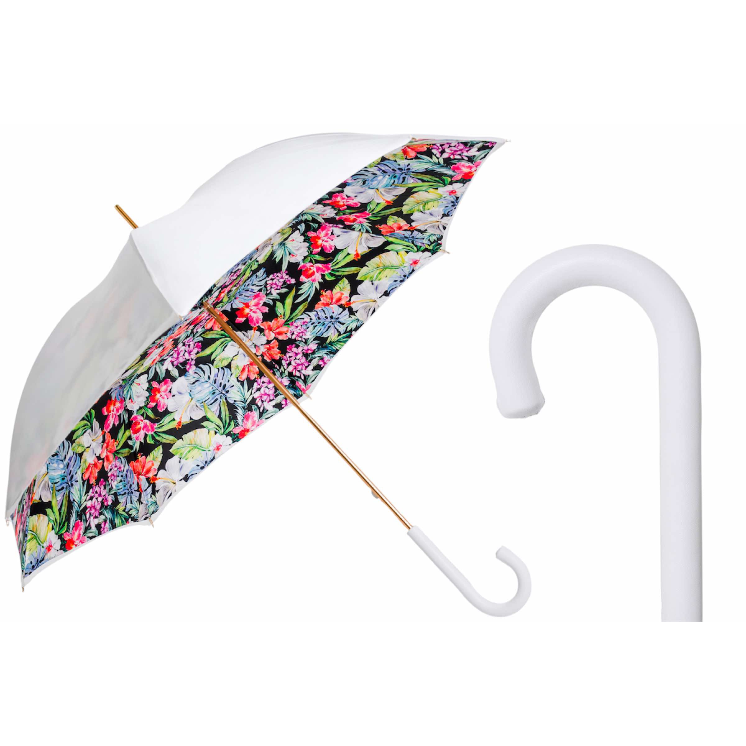 PASOTTI Umbrella 93cm White Floral Print Leather Handle Manual Italy