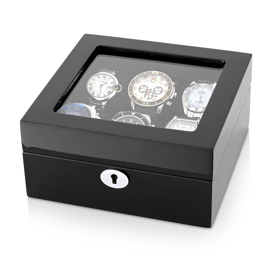 Luxury Wooden Watch Box for 6 Watches – High-Gloss Piano Black & Soft Black Velvet