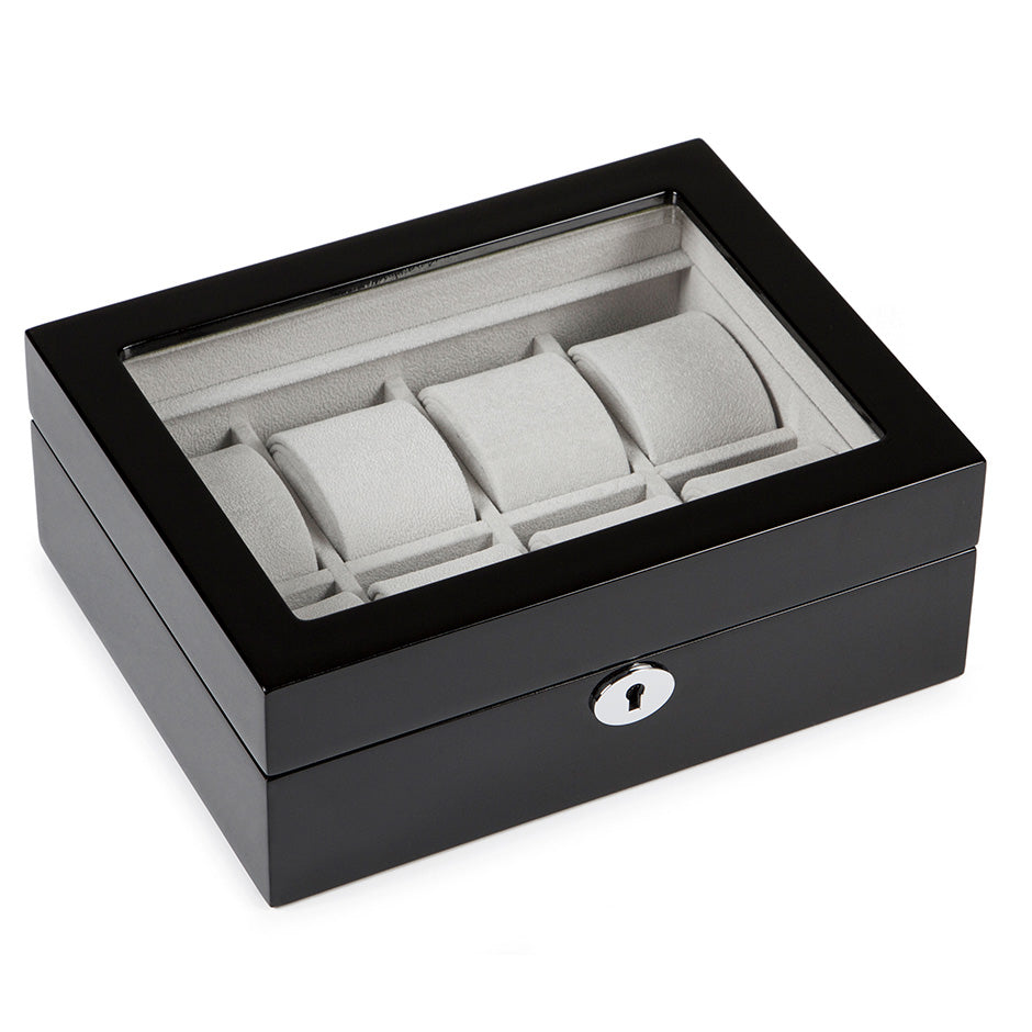 Premium Wood 8 Watch Box Piano Black Gloss Organizer Grey Velvet Lock Case