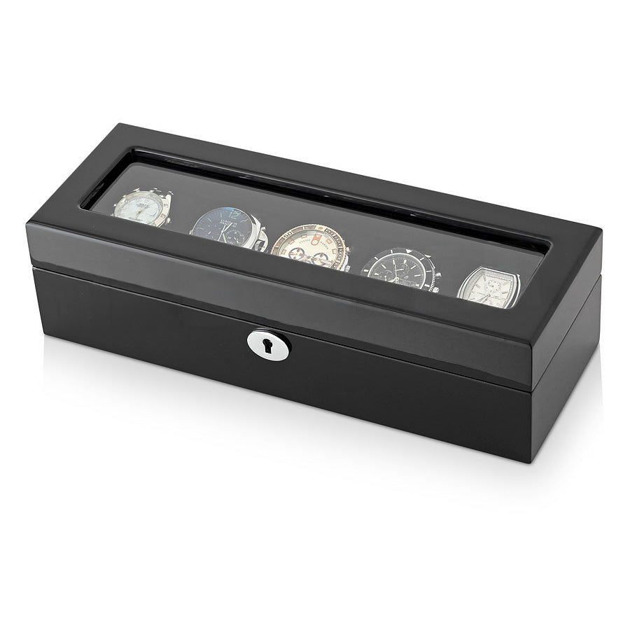 Luxury Wooden Watch Box Organizer for 5 Watches – High-Gloss Black Piano Lacquer & Black Suede