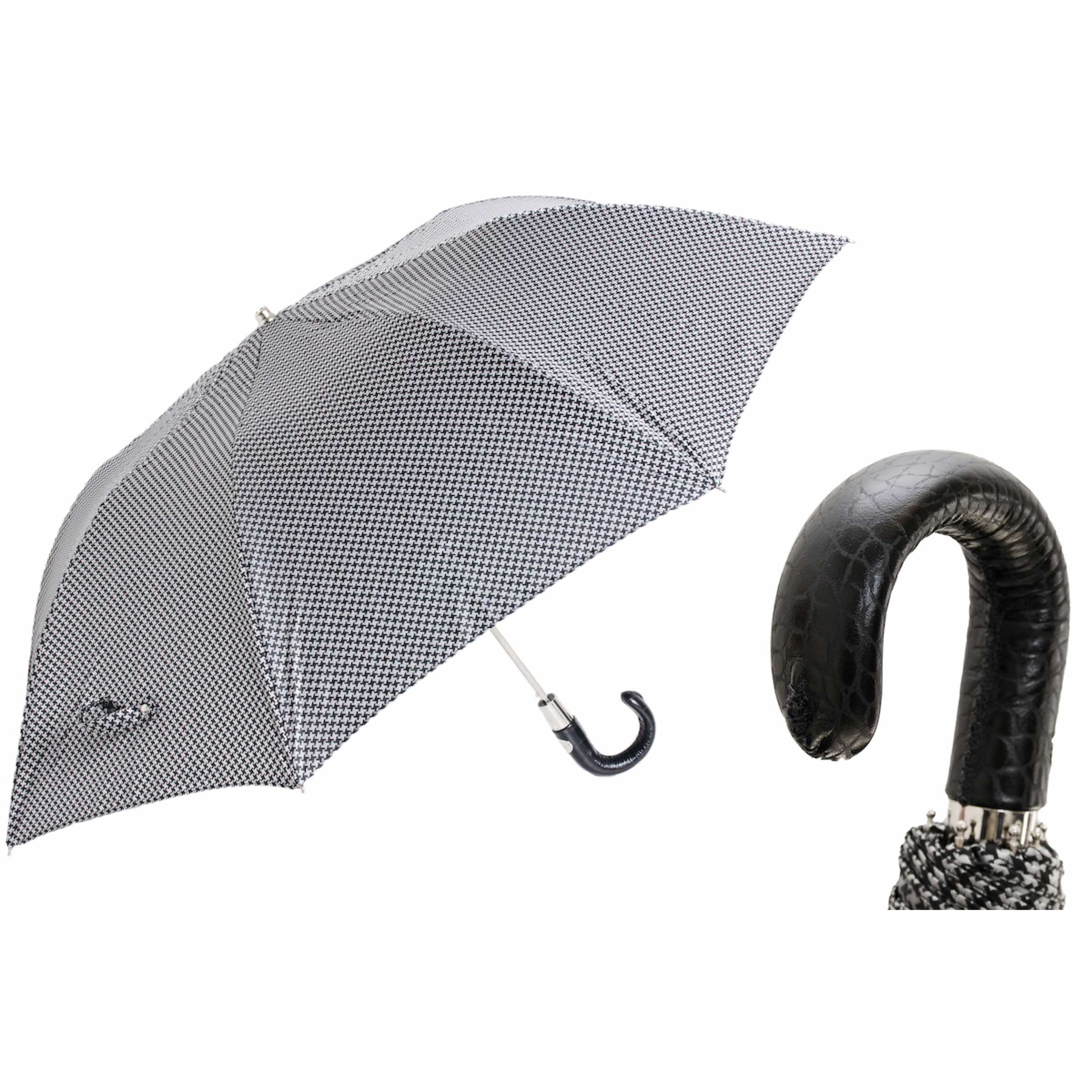 PIED DE POULE FOLDING UMBRELLA WITH LEATHER HANDLE | Pasotti Handmade in Italy
