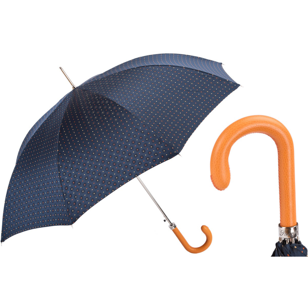 TIE PRINT UMBRELLA WITH ORANGE LEATHER HANDLE | Pasotti – Italian Elegance and Bold Color Accent, Handmade in Italy