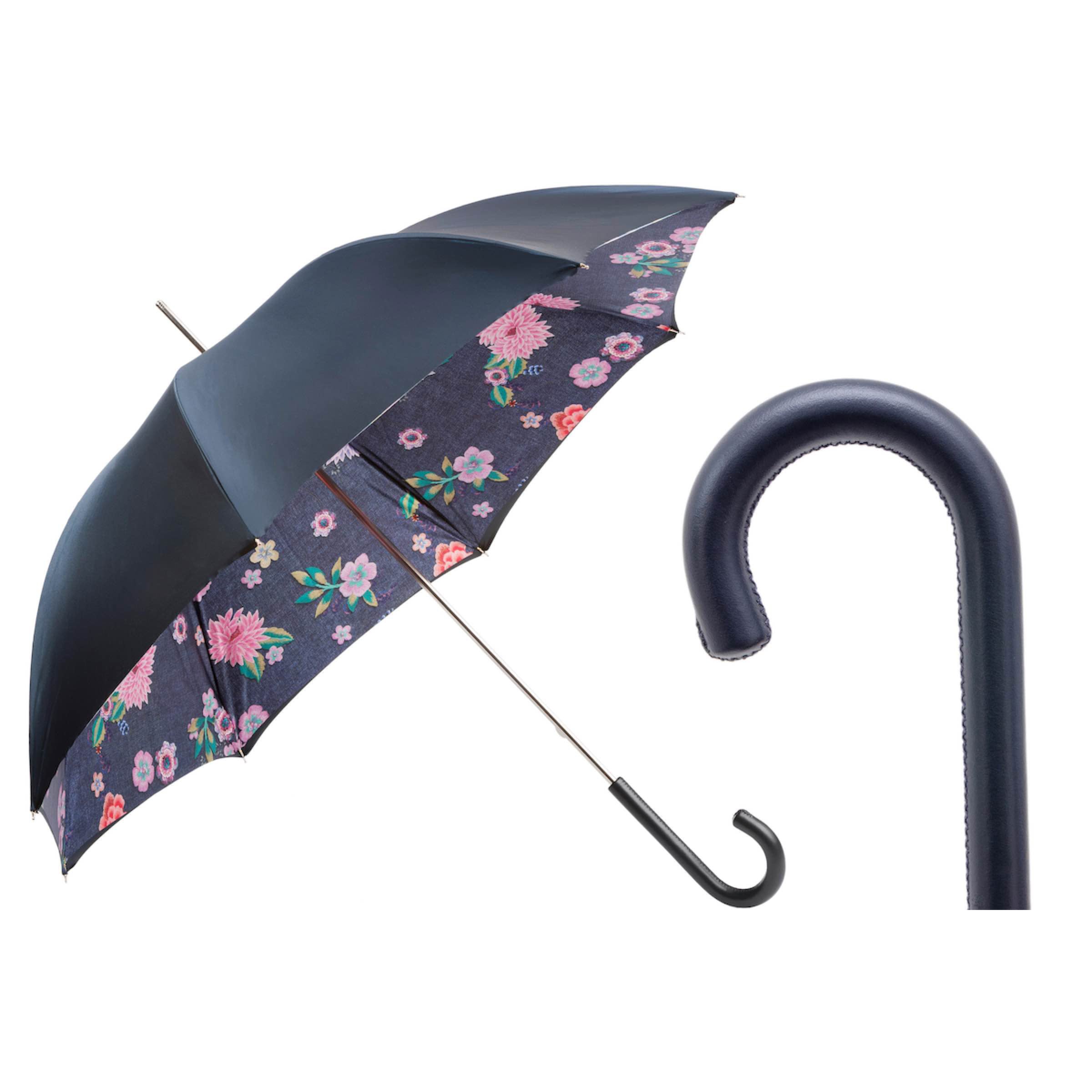 PASOTTI Umbrella 93cm Jeans and Flowers Print Leather Handle Italy