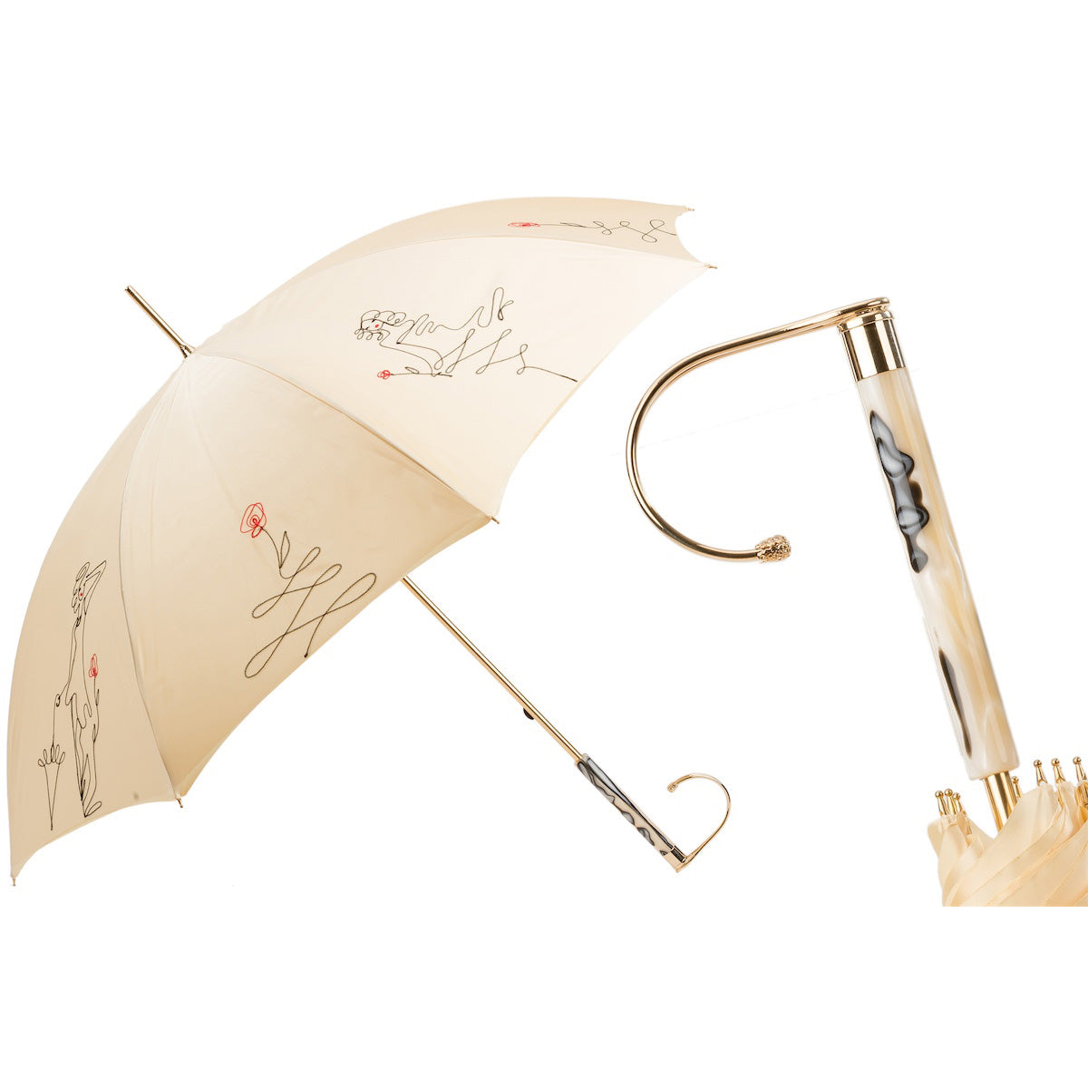 PASOTTI Umbrella 93cm Ivory Sketch Woman Jeweled Handle Double Cloth