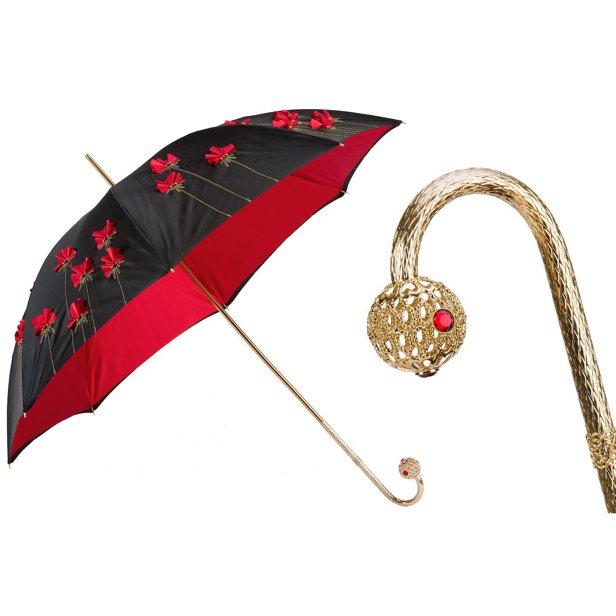 PASOTTI Umbrella 93cm 3D Poppies Red/Black Double Cloth Brass Handle