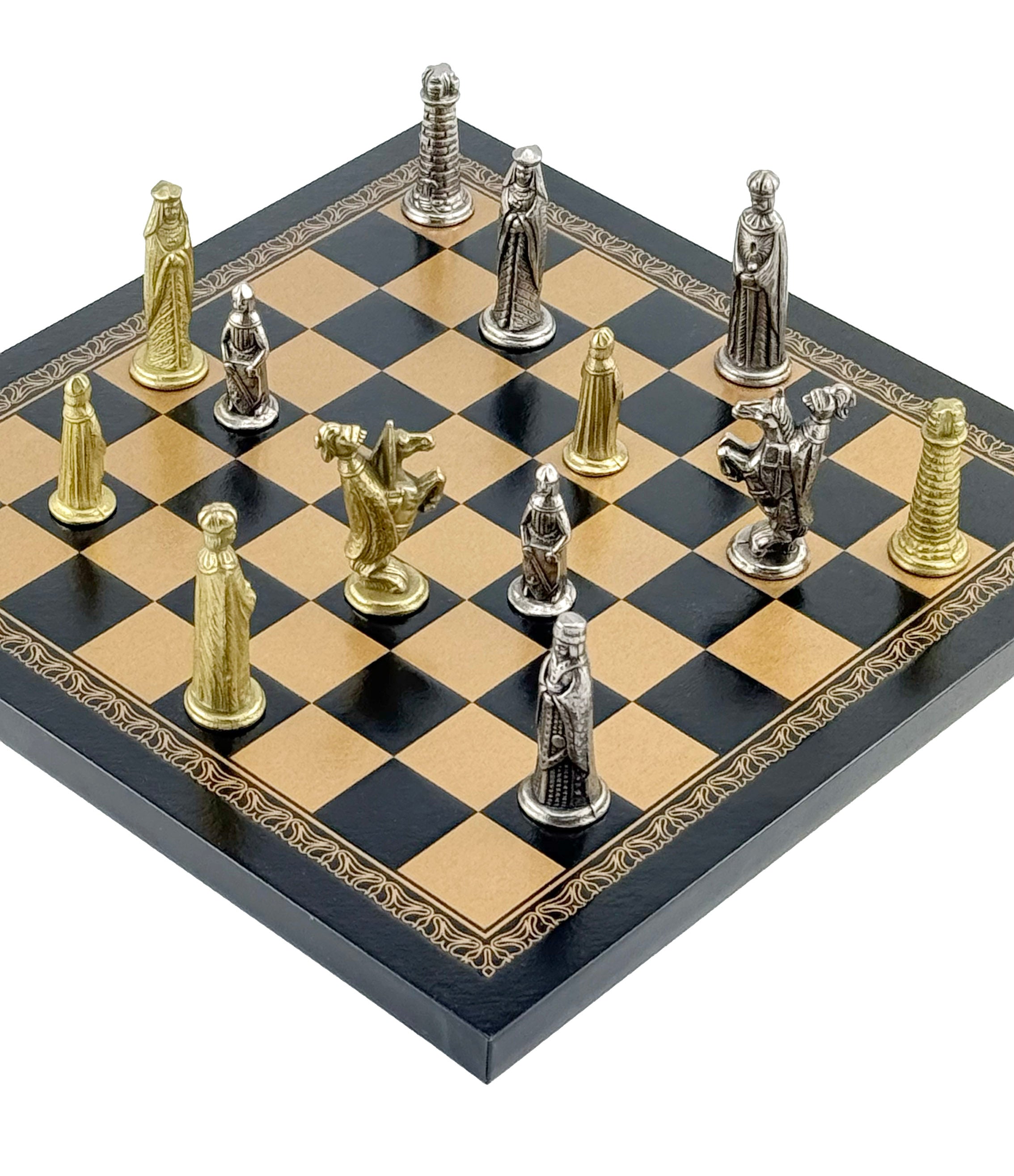 Italfama Medioevale Metal Chess Set with Eco-Leather Chessboard