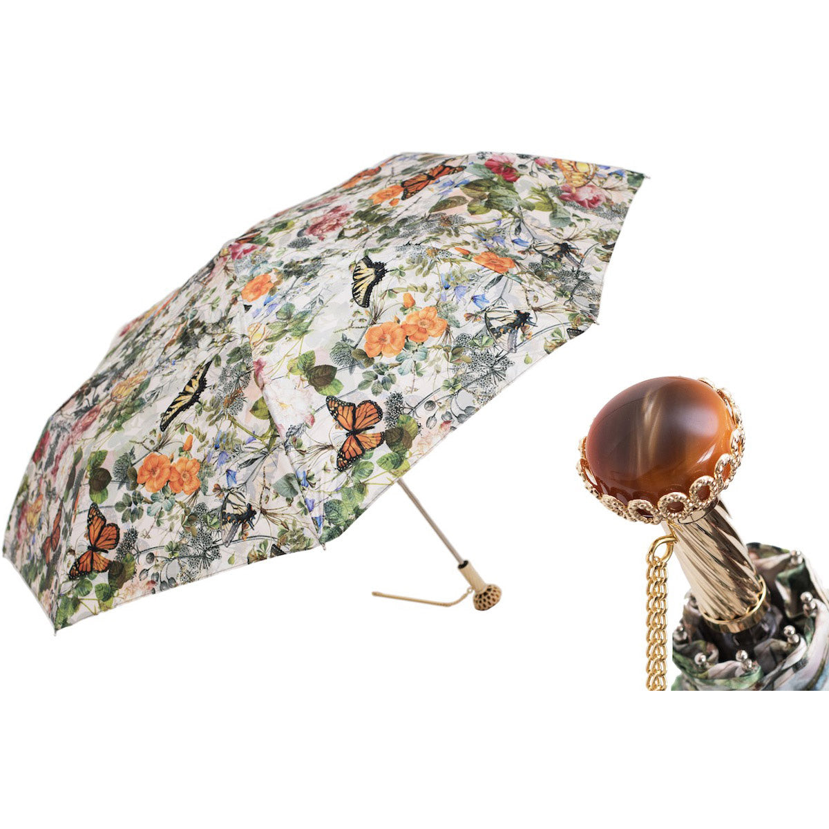 PASOTTI Folding Umbrella 30cm Butterflies Print Jeweled Handle Italy