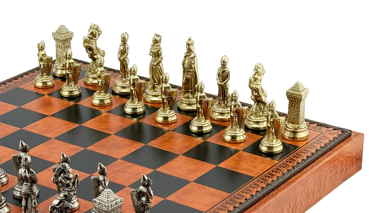 3-in-1 Chess Set 48 cm – “Maria Stuarda”, Leatherette Board, Metal Pieces