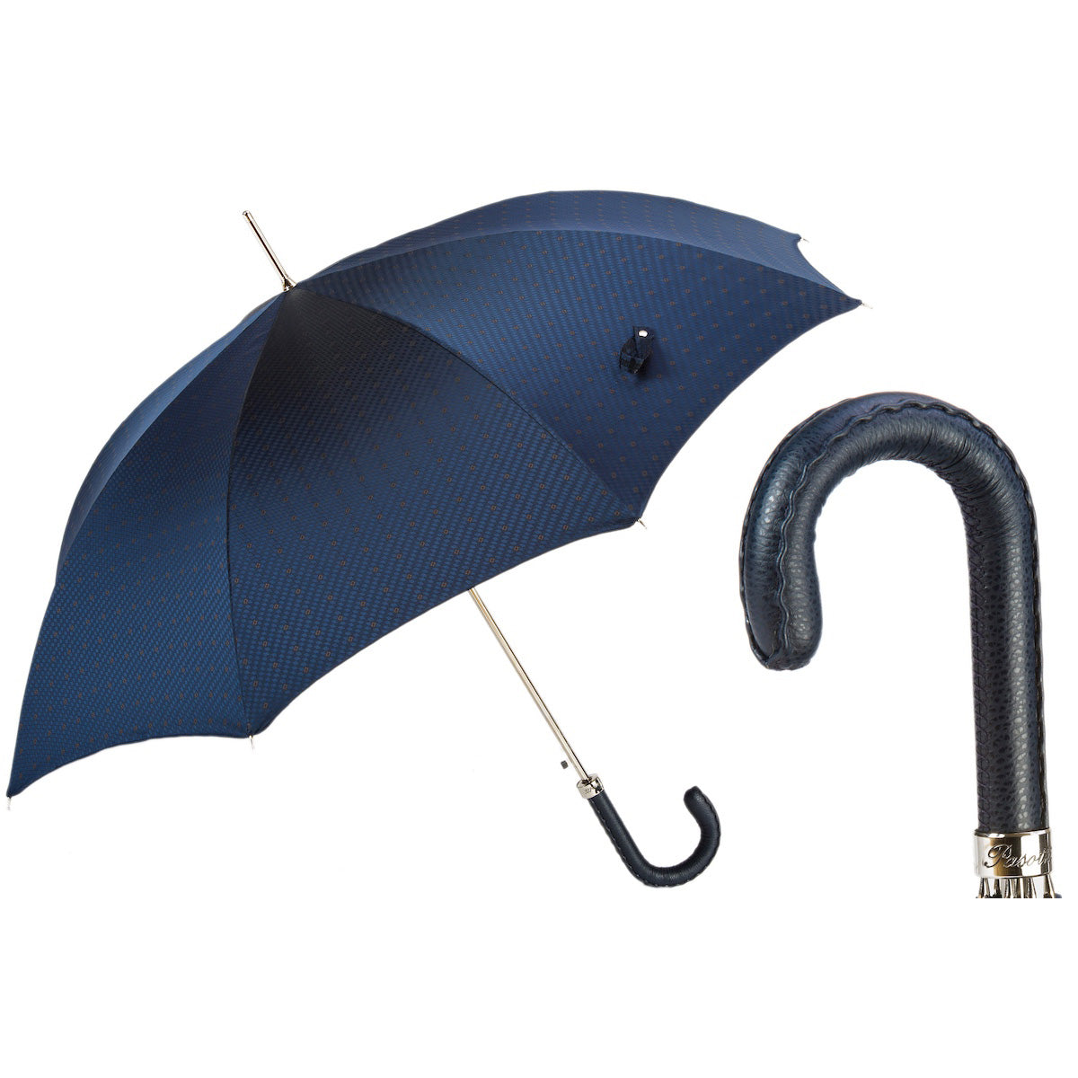 PASOTTI Gents Umbrella 95cm Navy Leather Handle Manual Italy Luxury