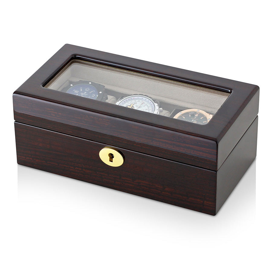 Luxury Wooden Watch Box Organizer for 3 Watches – High-Gloss Dark Wood (Piano Lacquer) & Beige Suede