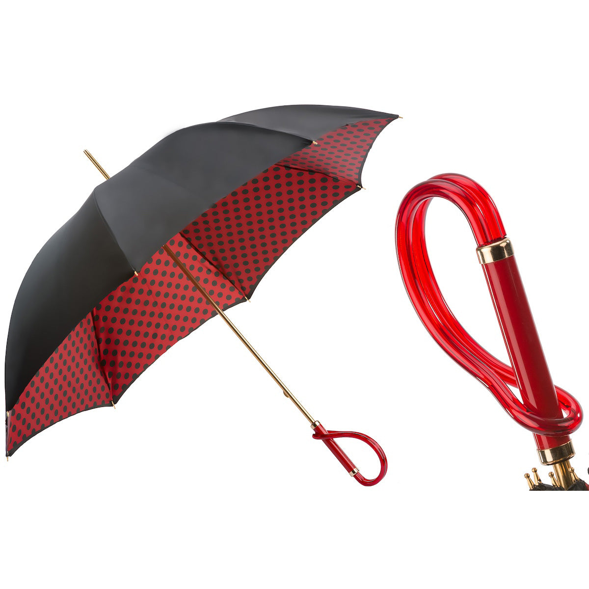 PASOTTI Umbrella 93cm Black Red Polka Dots Double Cloth Acetate Handle