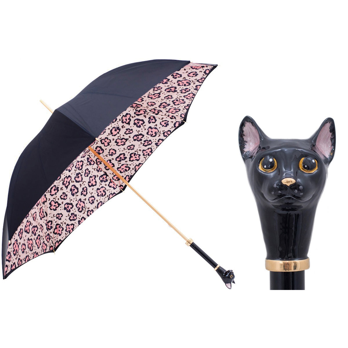 PASOTTI Umbrella 93cm Black Cat Enameled Handle Animalier Print Italy