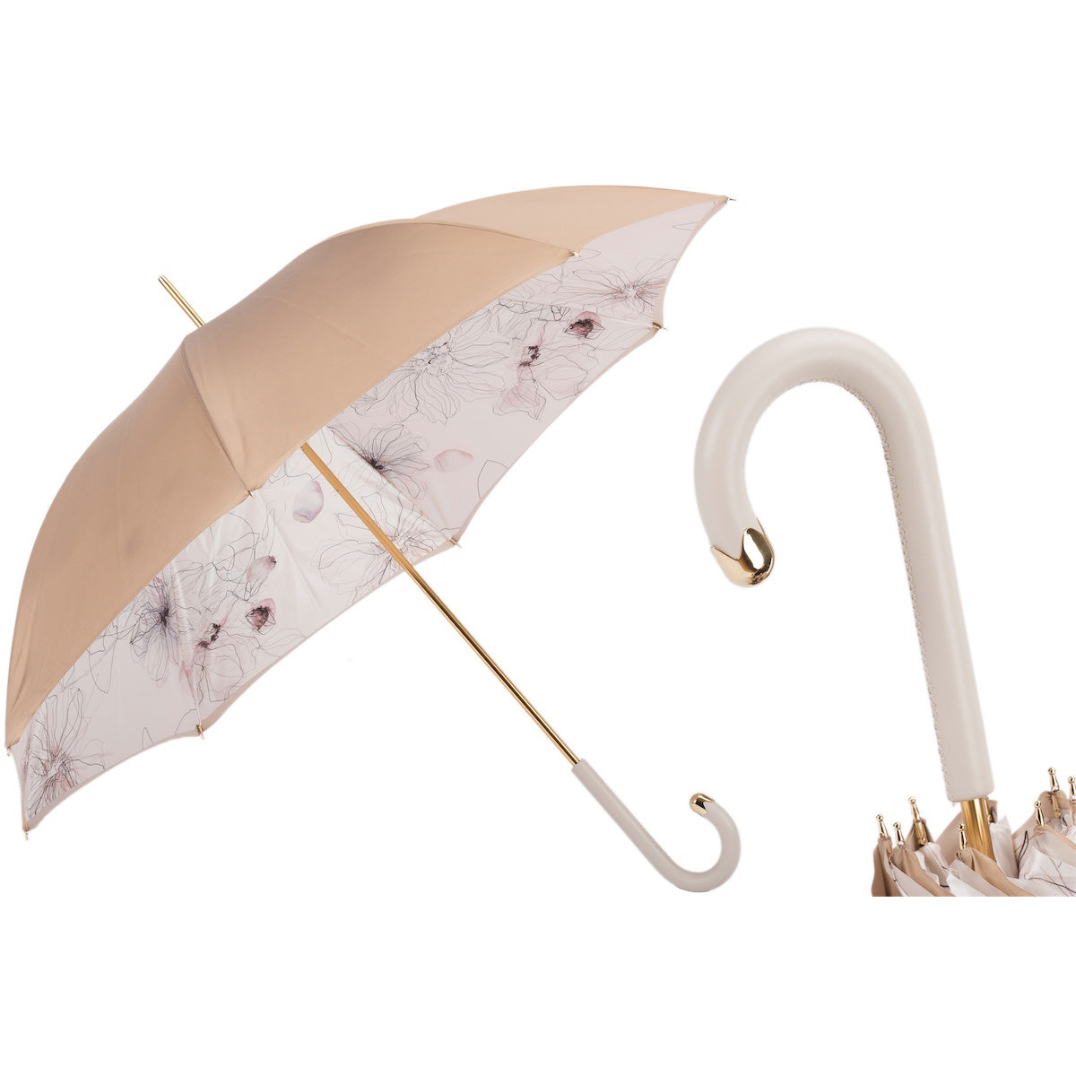 PASOTTI Umbrella 93cm Ivory Floral Double Cloth Leather Handle Manual