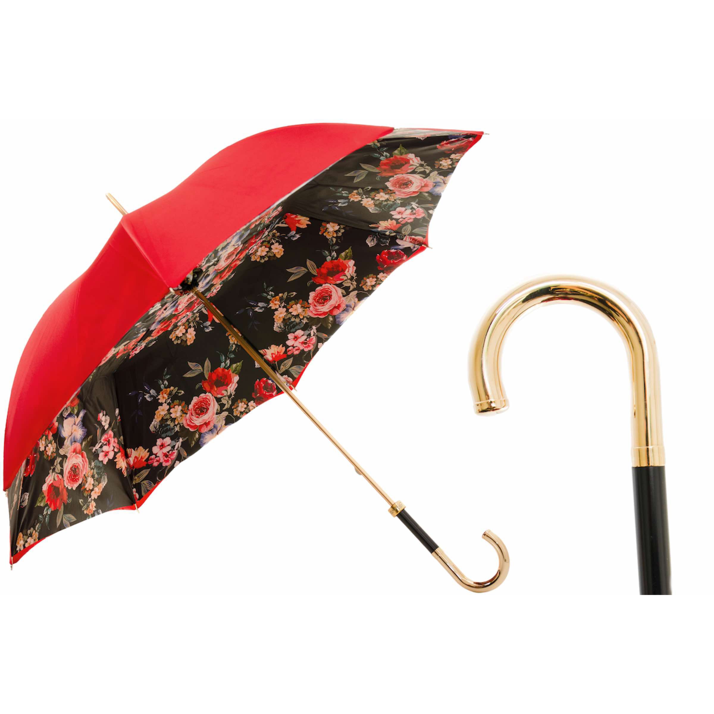 PASOTTI Umbrella 93cm Red Roses Floral Interior Double Cloth Brass Handle