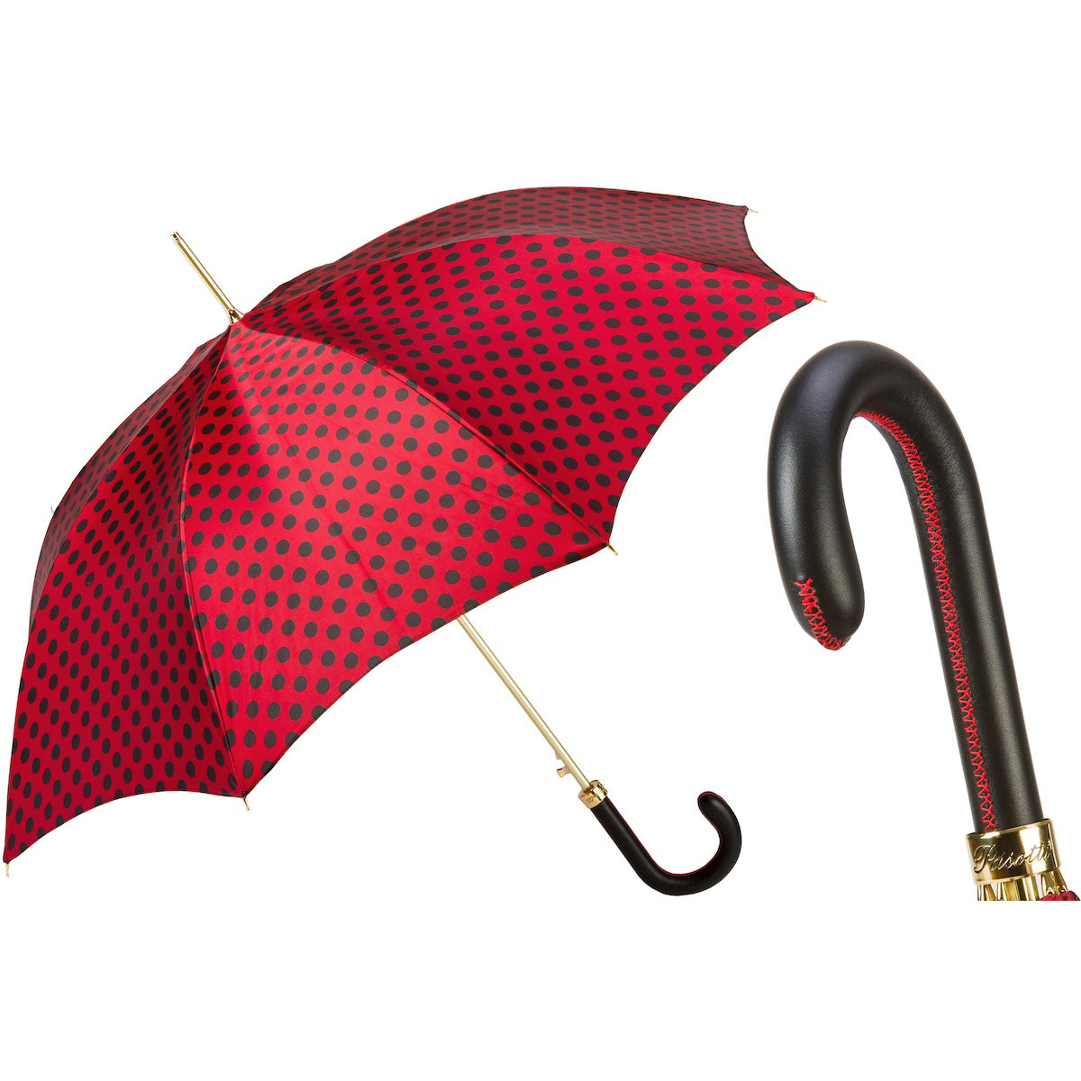 PASOTTI Umbrella 93cm Red Black Polka Dots Automatic Leather Handle