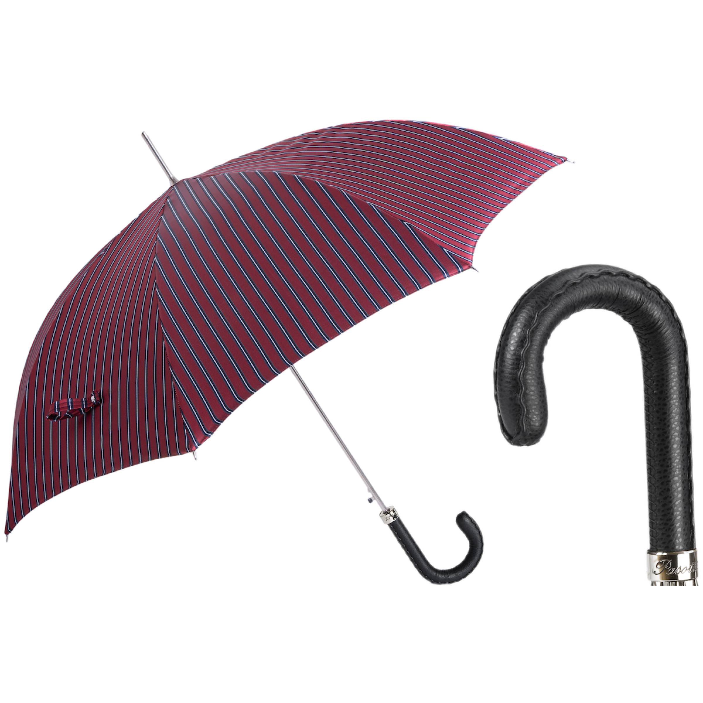 PASOTTI Gentleman Striped Umbrella 95cm Leather Handle Manual Italy