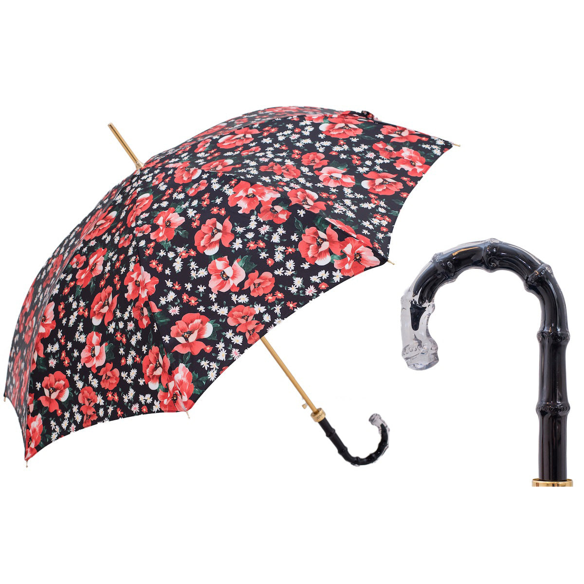 PASOTTI Umbrella 93cm Red Anemones Black Floral Automatic Bamboo Acetate